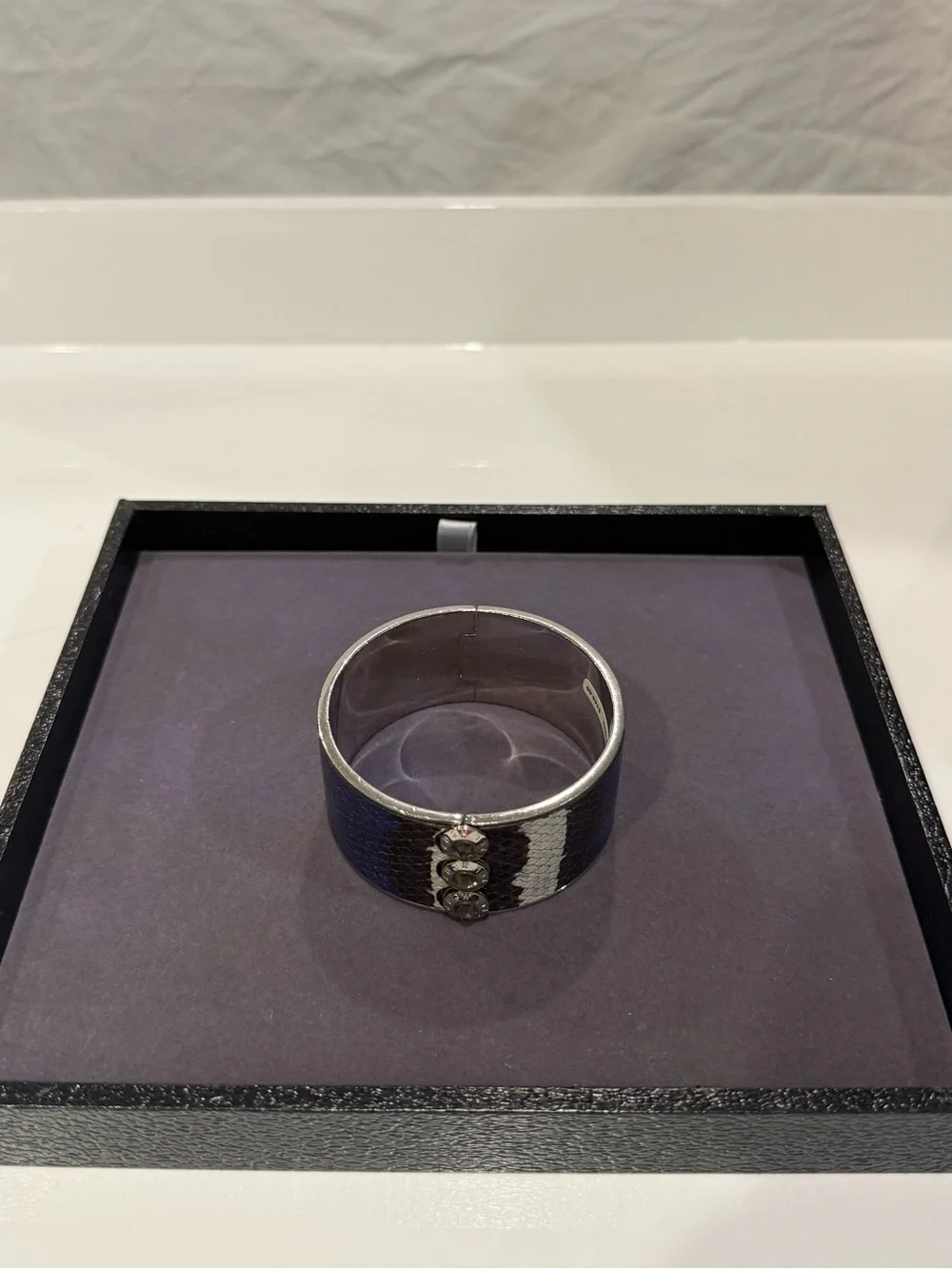 Henri Bendel Blue Snakeskin Hinged Cuff Bracelet Silver Tone Crystal Accent
